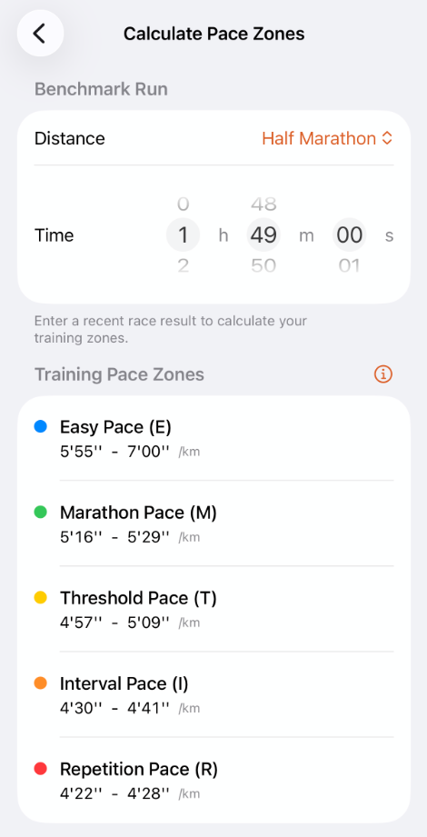 Apex Run's Calculate Pace Zones screen: a Benchmark Run section with Distance set to Half Marathon and a time wheel at 1 h 49 m 00 s, then a Training Pace Zones list giving a pace range for Easy, Marathon, Threshold, Interval and Repetition