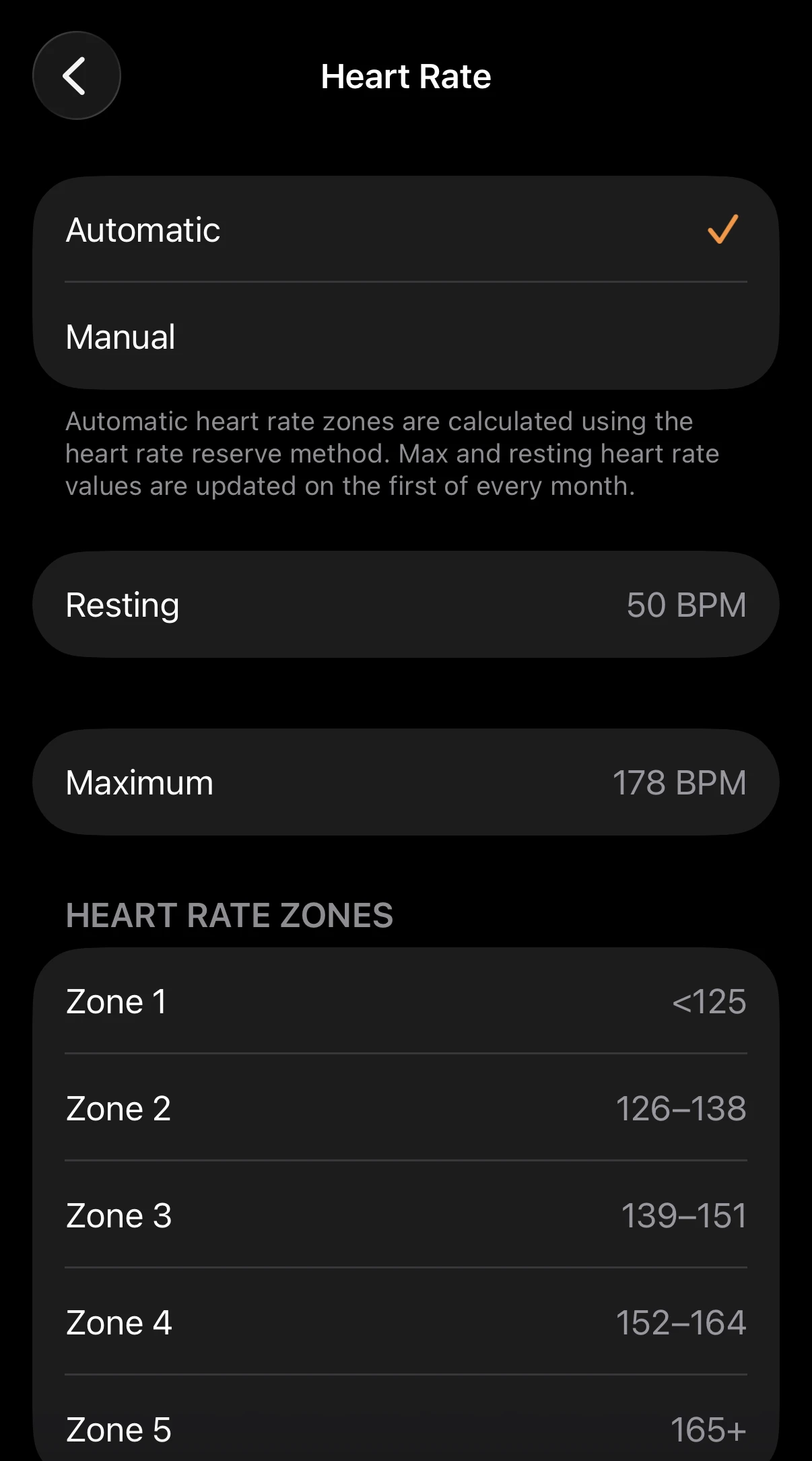 Apple Watch Workout Heart Rate Zones settings screen showing Automatic heart rate reserve method with 50 BPM resting heart rate and 178 BPM max heart rate