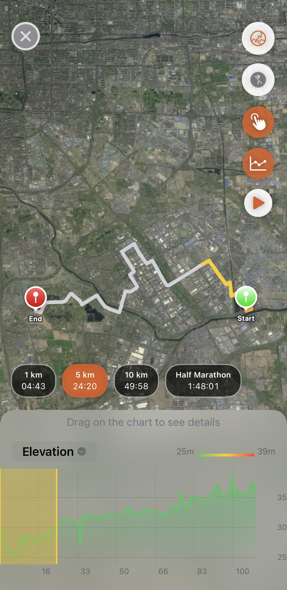 Apex Run's full-screen map of a half marathon on satellite imagery: the 5 km best effort drawn in yellow near the start, the rest of the route in grey, four distance pills along the bottom with 5 km selected, and an elevation chart underneath with the same stretch shaded