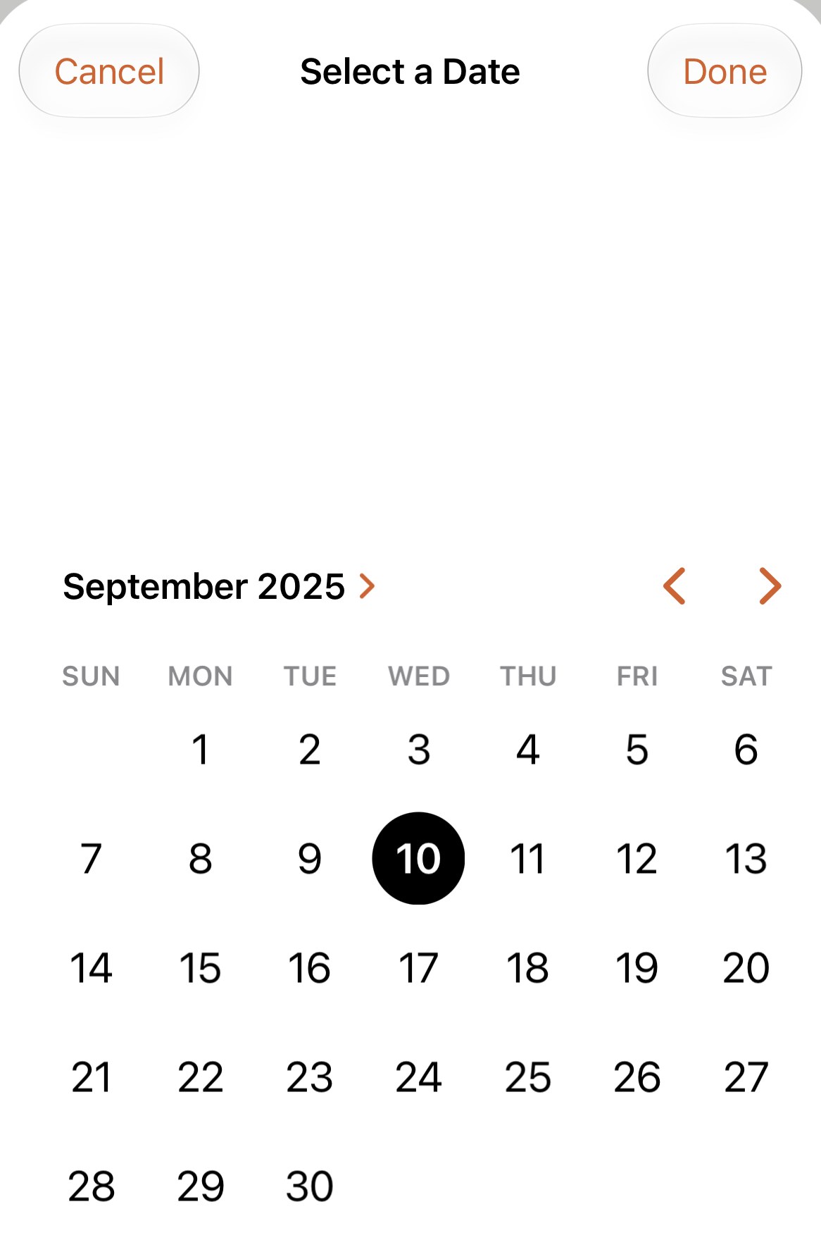 Apex Run's Select a Date sheet: Cancel and Done at the top, a September 2025 month calendar with the 10th selected and arrows to step months