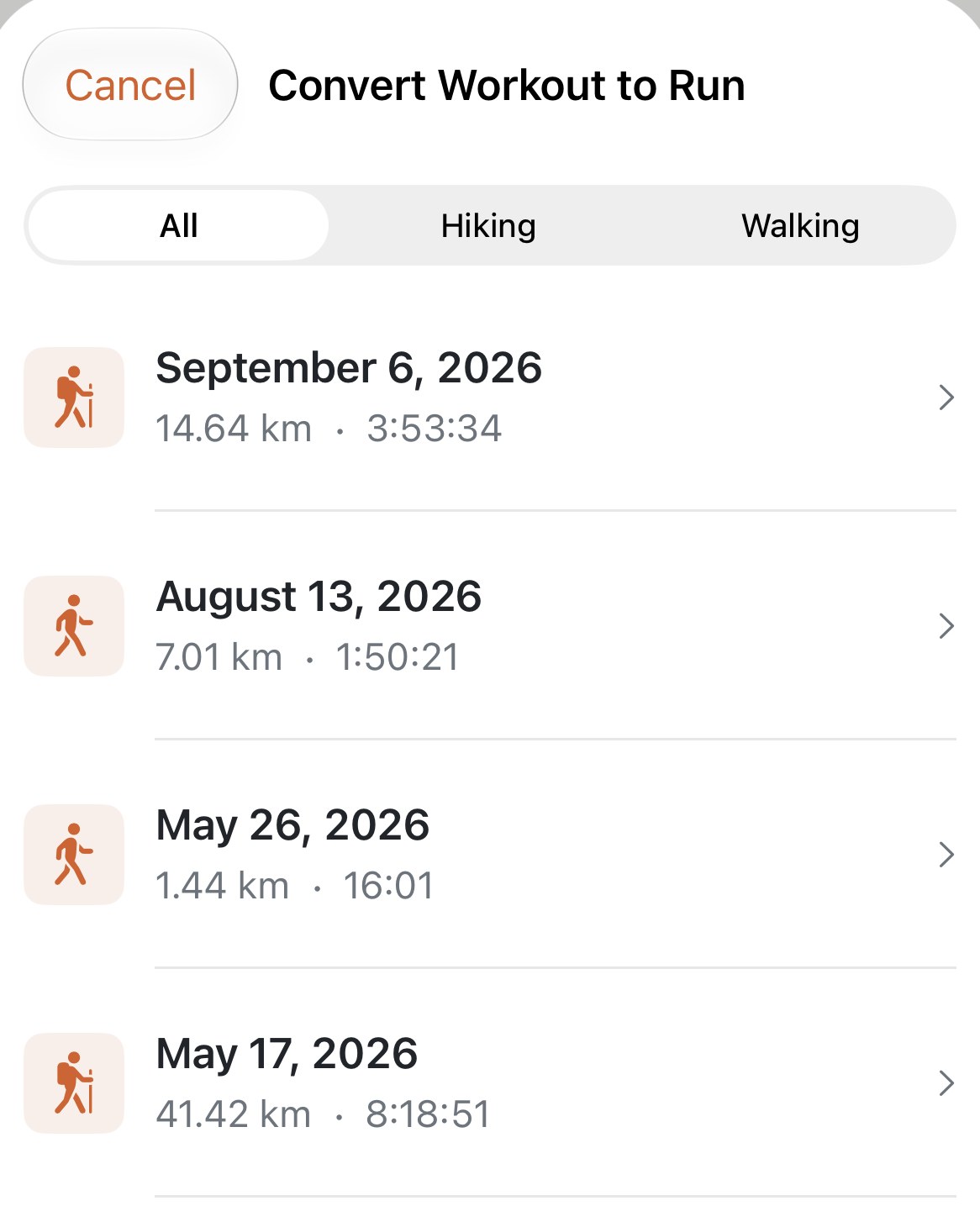 Apex Run's Convert Workout to Run sheet with All, Hiking and Walking filters and rows for a 14.64 km hike on September 6, a 7.01 km walk on August 13, a 1.44 km walk on May 26 and a 41.42 km hike on May 17