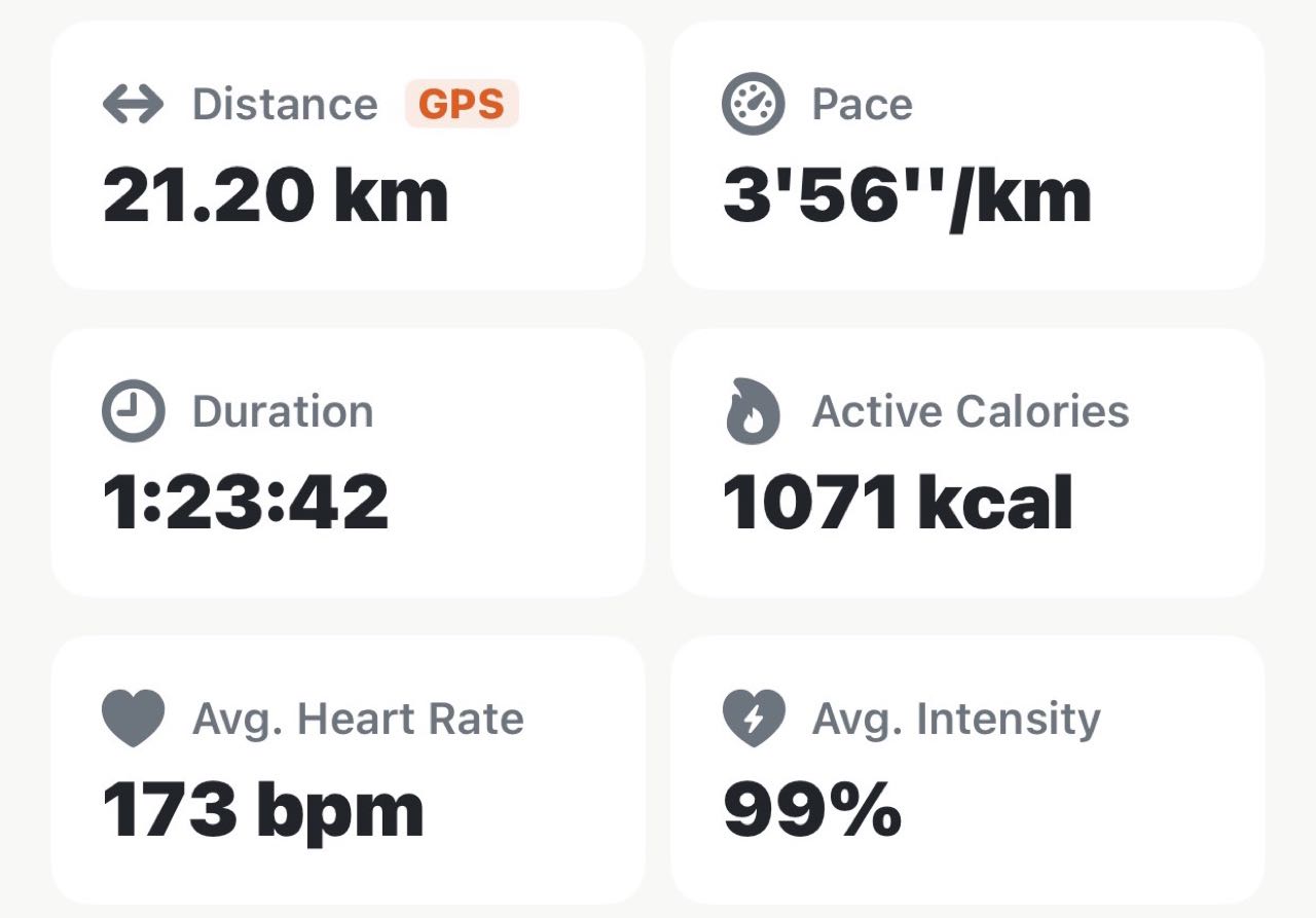 Apex Run metric cards after the correction: Distance 21.20 km with a GPS tag, Pace 3'56'' per km, Duration 1:23:42