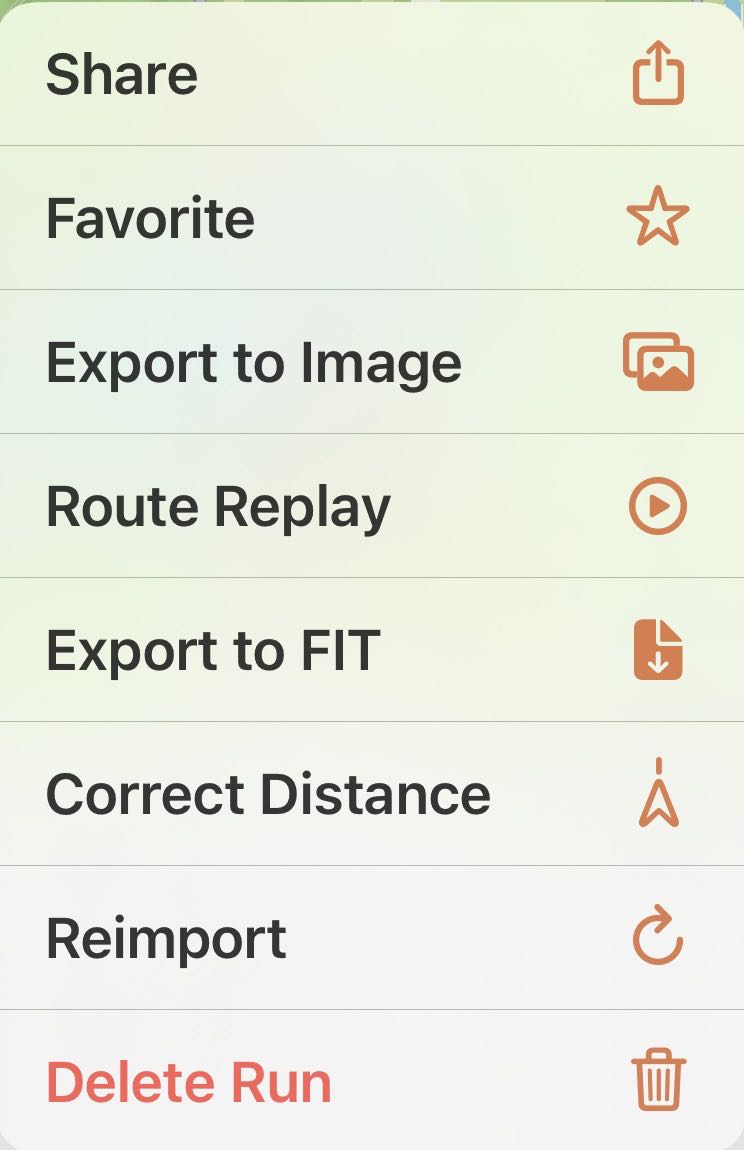 The Apex Run run menu listing Share, Favorite, Export to Image, Route Replay, Export to FIT, Correct Distance, Reimport and Delete Run