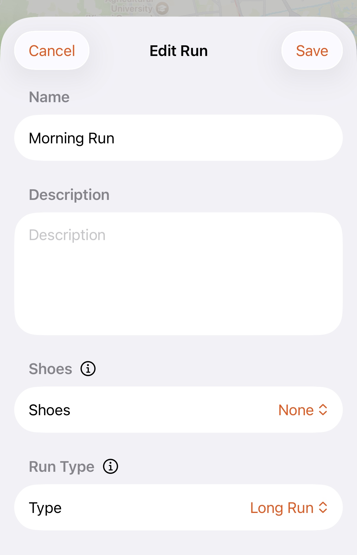 Apex Run Edit Run sheet with the Run Type picker set to Long Run