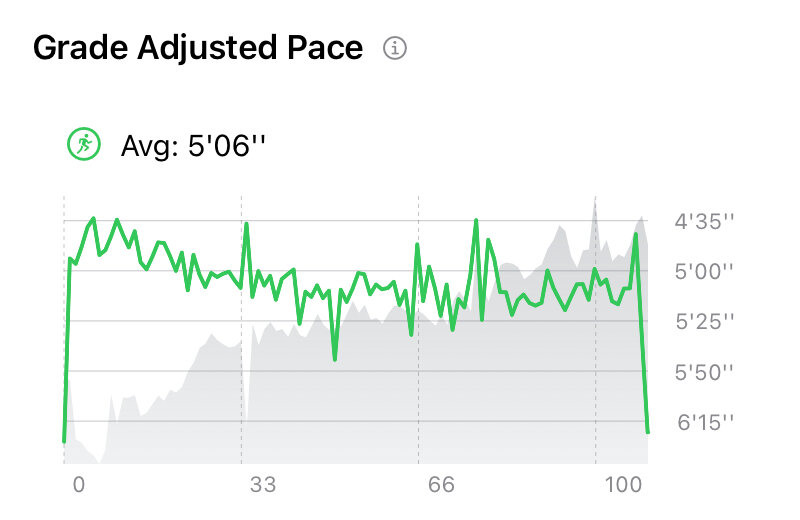 Apex Run's Grade Adjusted Pace card on a half marathon: Avg 5'06'', and a green trace over a grey elevation profile that rises gently through the run