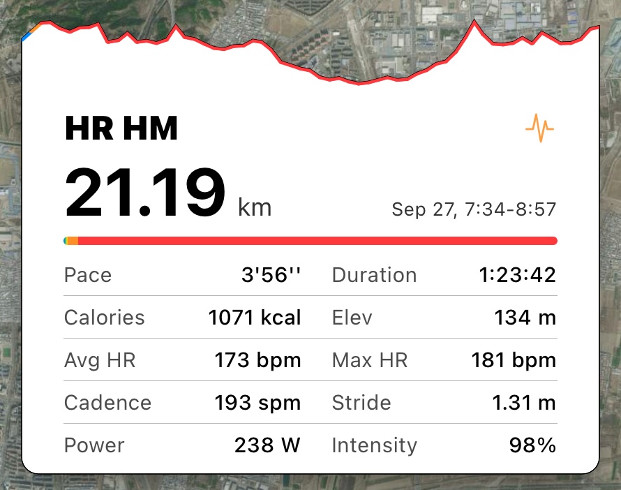 Apex Run restored workout card showing 21.19 km at 3:56 pace and 1:23:42 duration