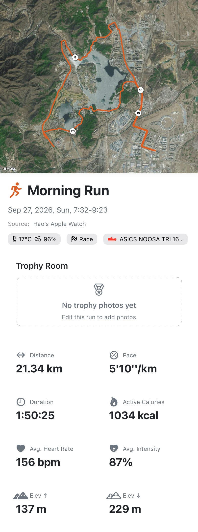 September 27 Half Marathon race card in Apex Run — 21.34 km in 1:50:25, average pace 5'10''/km, HR 156 bpm