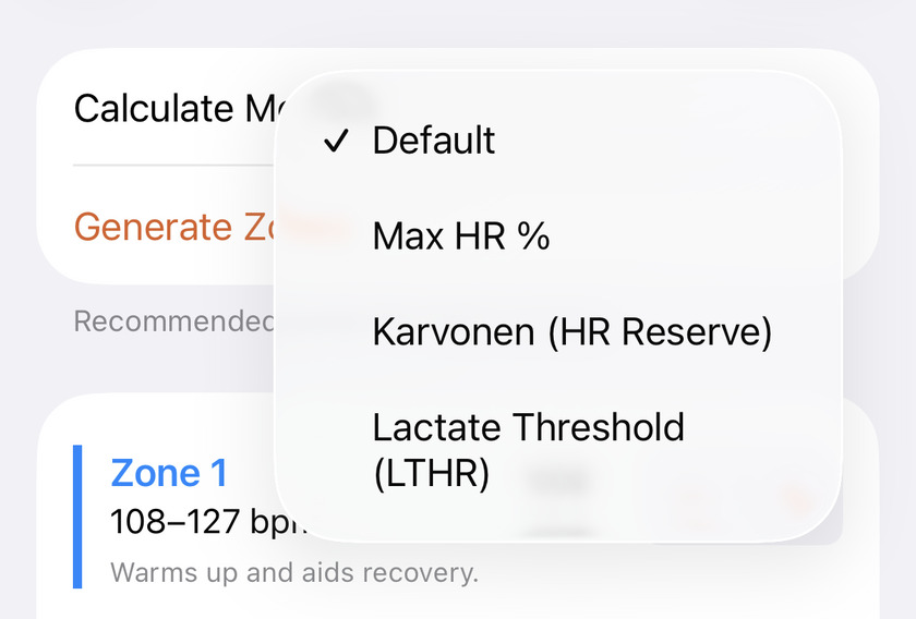 Apex Run Calculate Method menu showing Default, Max HR percent, Karvonen and Lactate Threshold