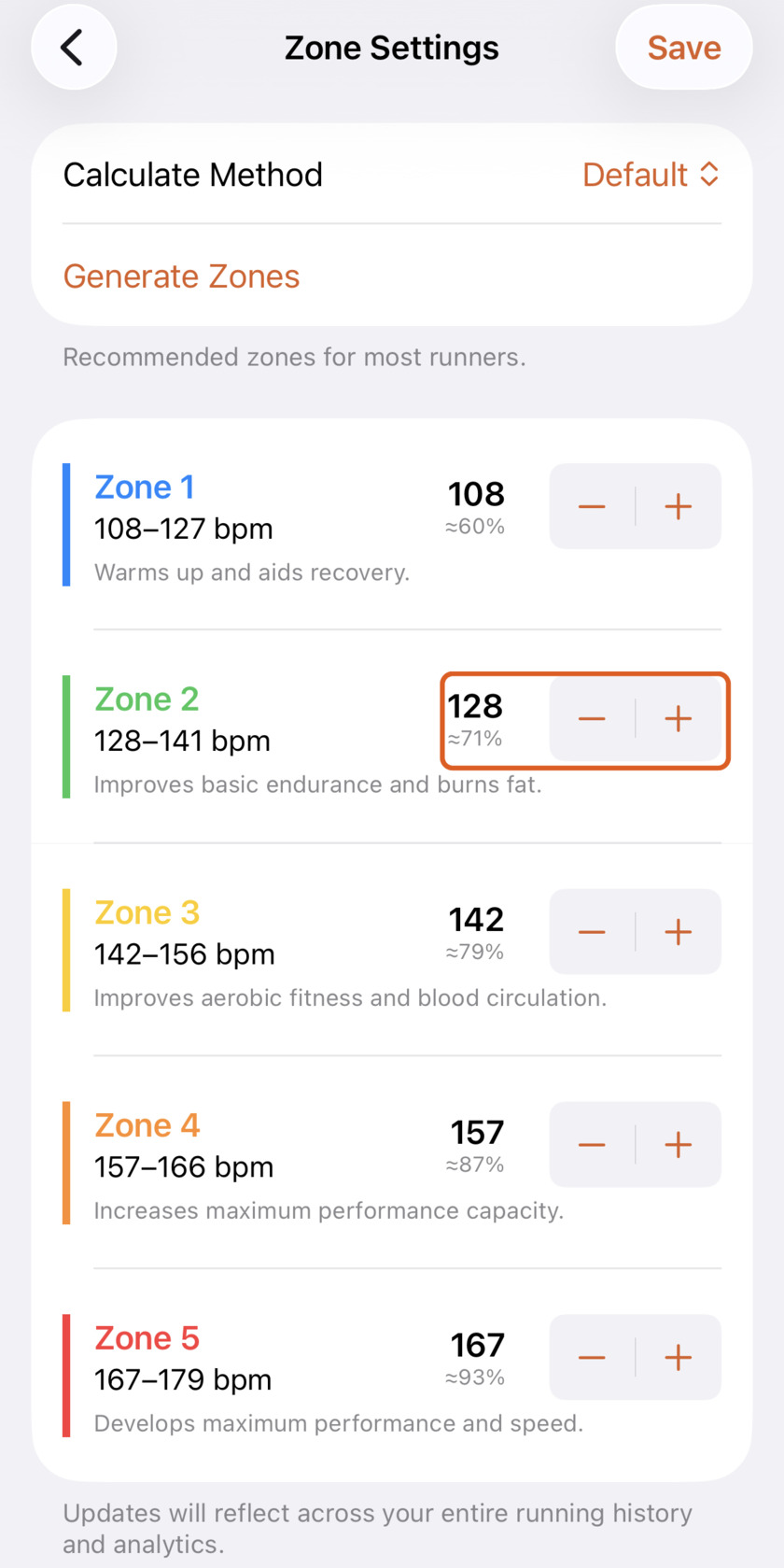 Apex Run Zone Settings screen with five heart rate zones, each showing its lower boundary in BPM, percent of max, and a stepper