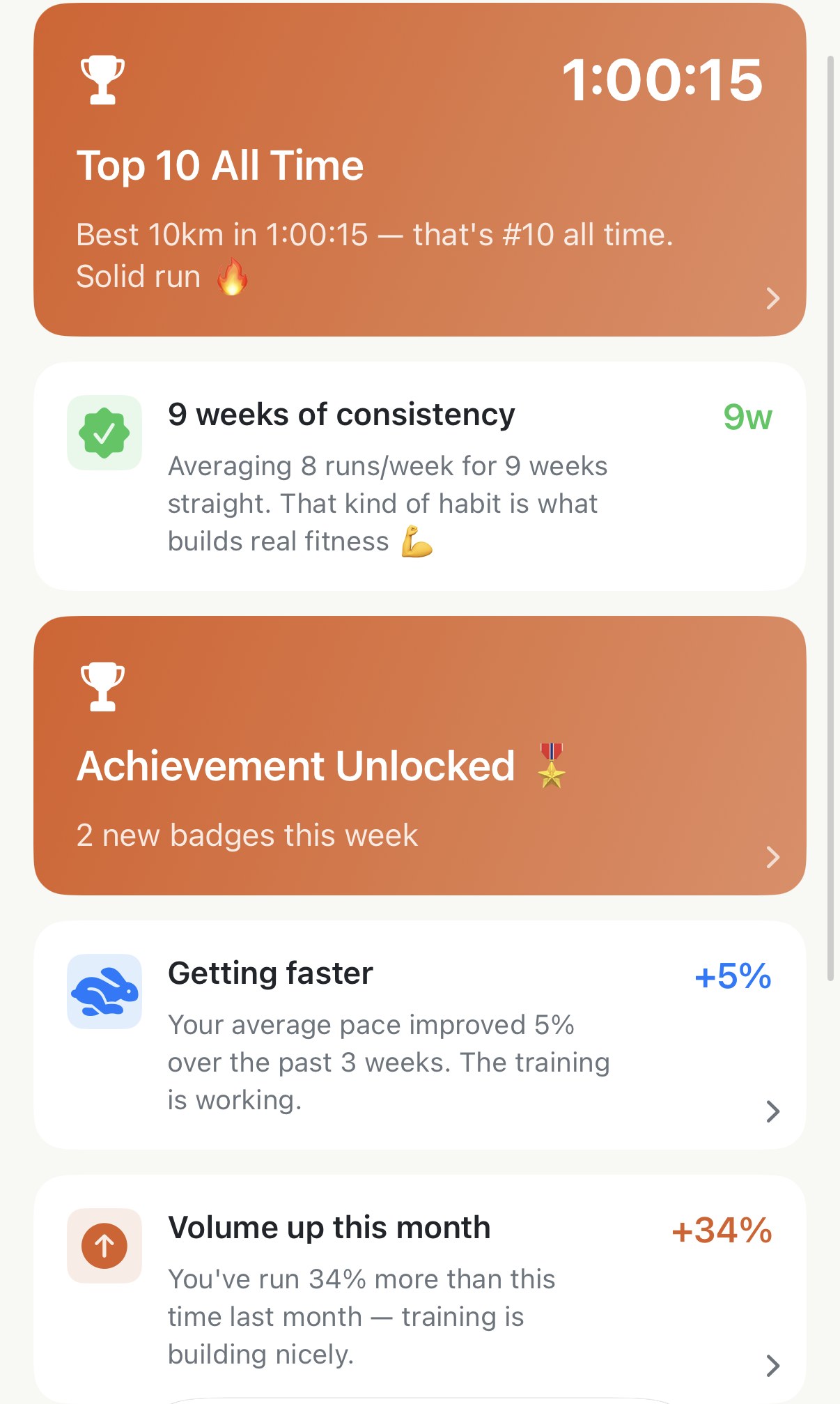Apex Run's Insights feed: an orange Top 10 All Time card reading Best 10km in 1:00:15, that's #10 all time; a 9 weeks of consistency card averaging 8 runs a week; an orange Achievement Unlocked card with 2 new badges this week; Getting faster +5%; Volume up this month +34%