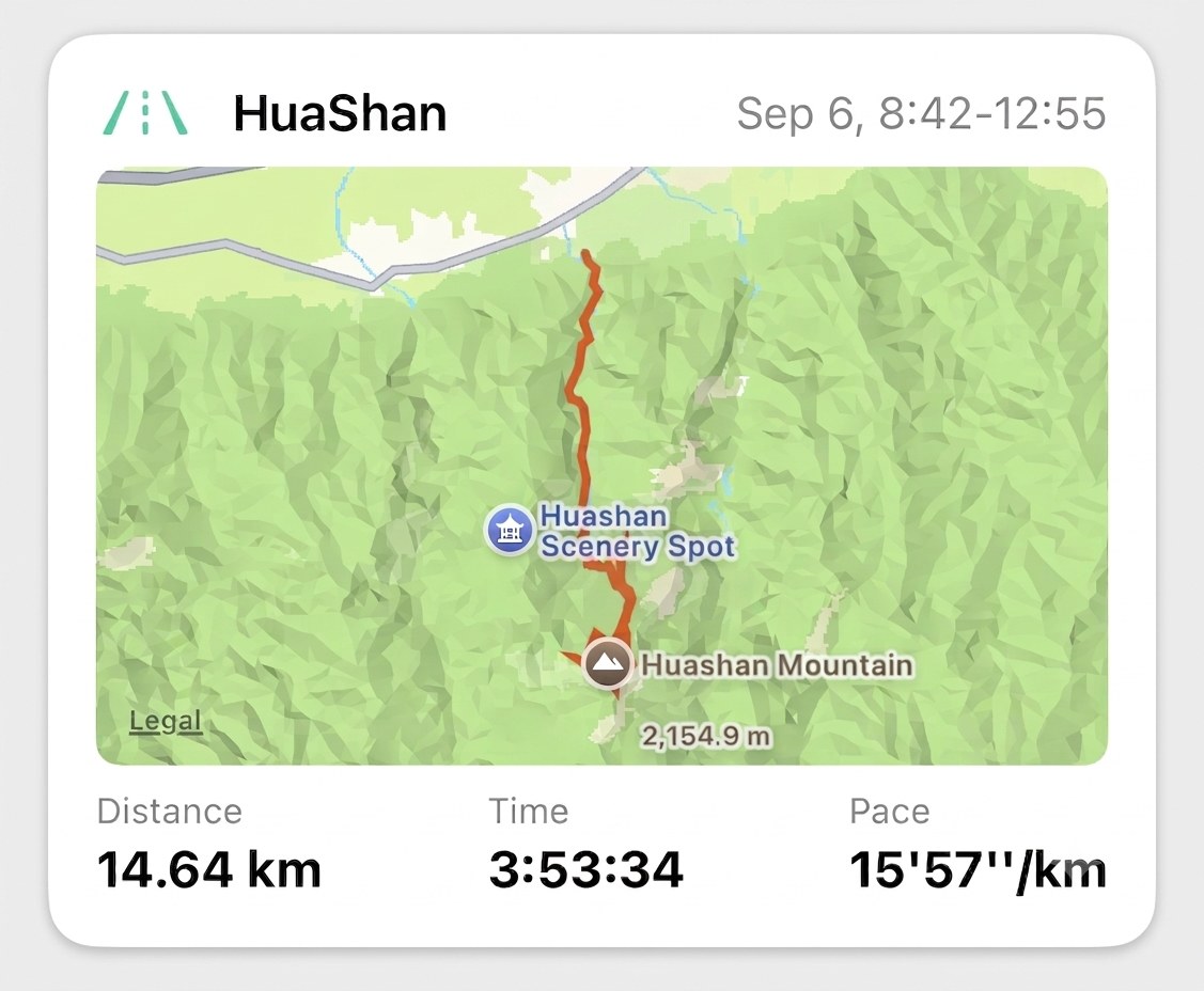 Apex Run's Latest Run card: a long-run icon, the name HuaShan, Sep 6 8:42 to 12:55, a route climbing Mount Hua on a green terrain map, then Distance 14.64 km, Time 3:53:34 and Pace 15'57 per km