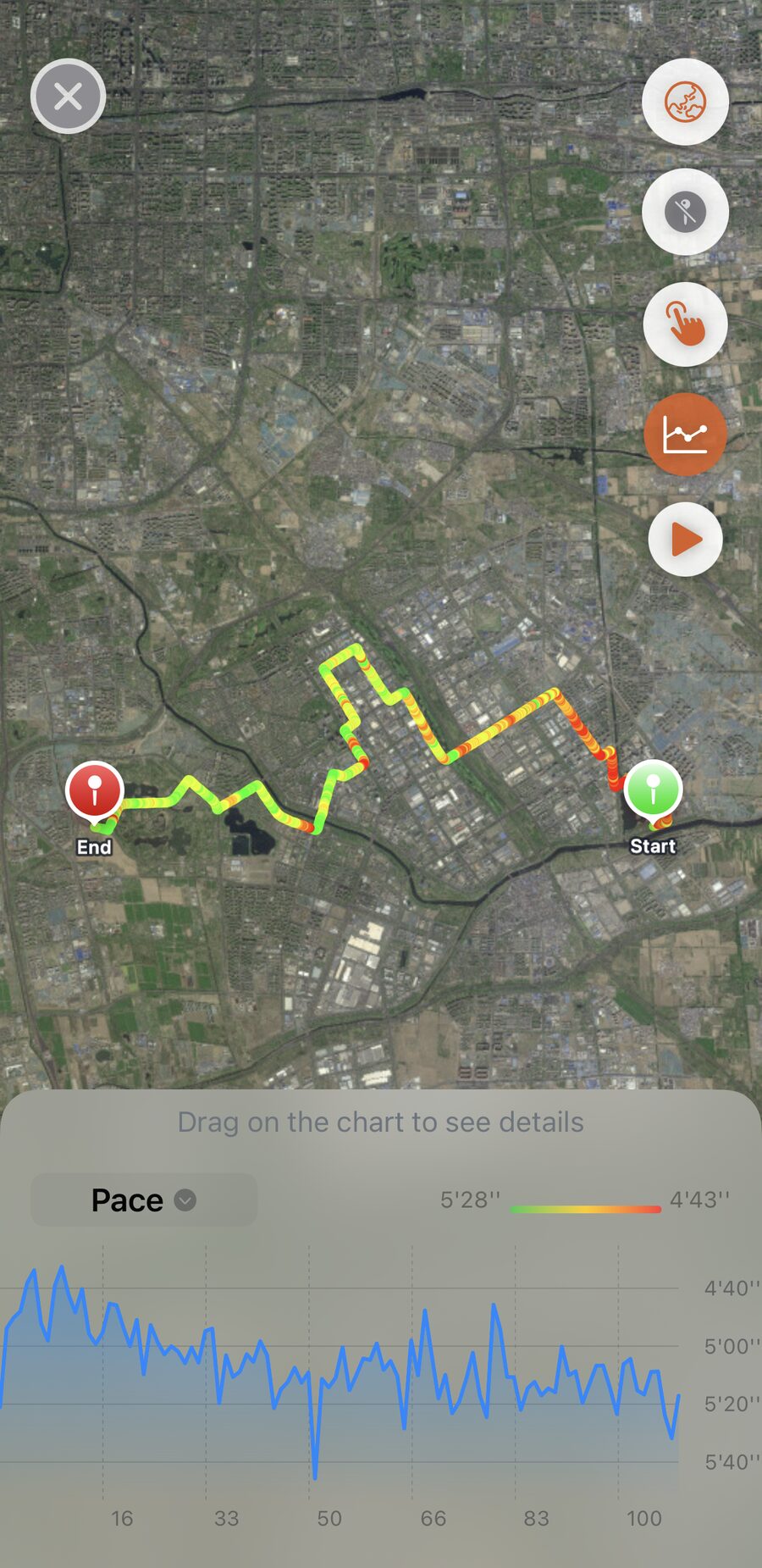 Apex Run's full-screen map of a half marathon on satellite imagery, the route coloured from green through yellow to red by pace, with a pace chart underneath and a legend reading 5'28'' to 4'43''