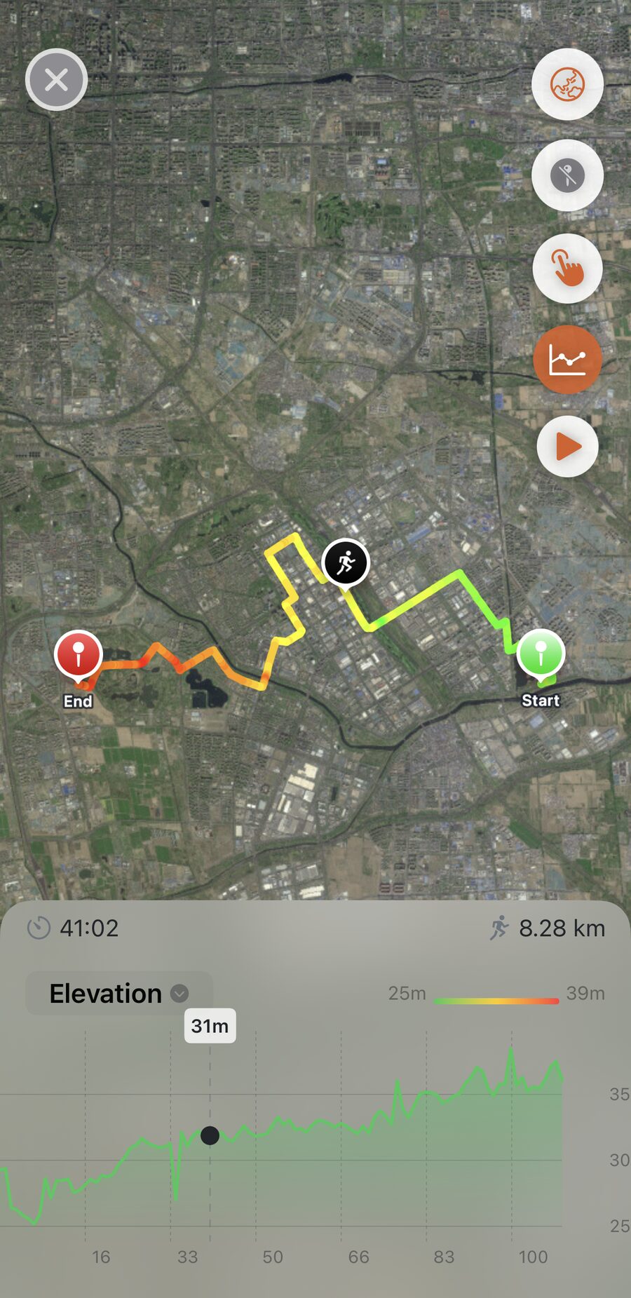 The full-screen map coloured by elevation, green at the start rising to red at the end, with a runner marker on the route, the readout above the chart showing 41:02 and 8.28 km, and a 31m label on the elevation chart where the finger is