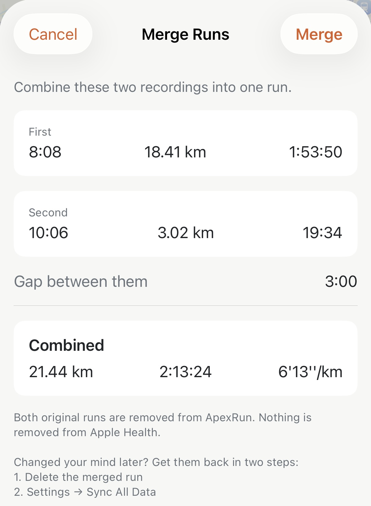 Apex Run Merge Runs detail screen showing combined distance, duration, average pace, and gap between split runs