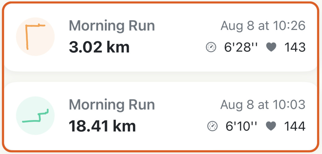 Apex Run run list showing an 18.41 km run and a 3.02 km run recorded minutes apart on the same morning