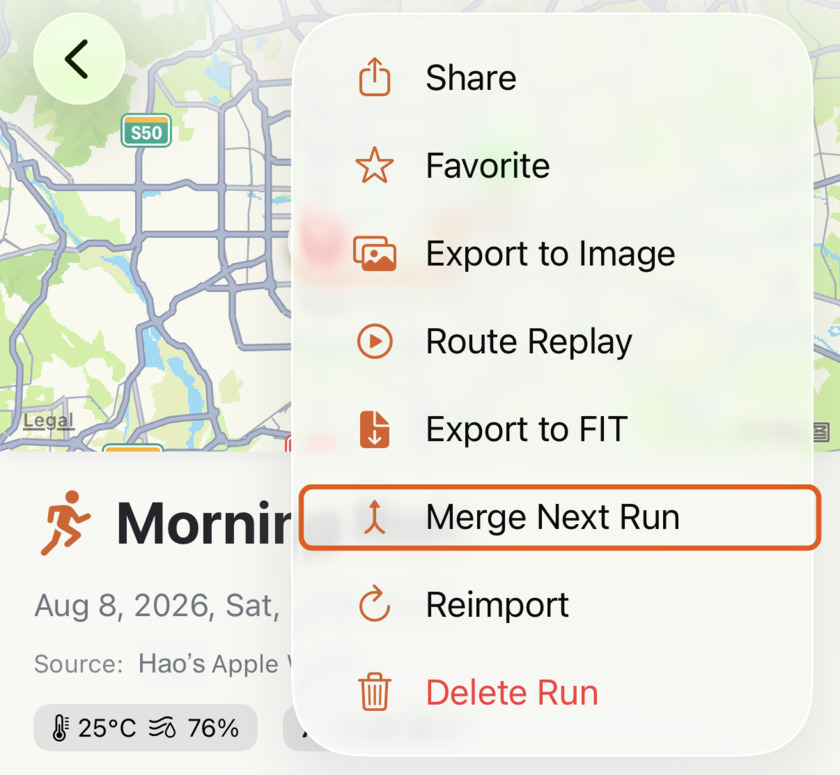 The run detail menu in Apex Run with Merge Next Run highlighted