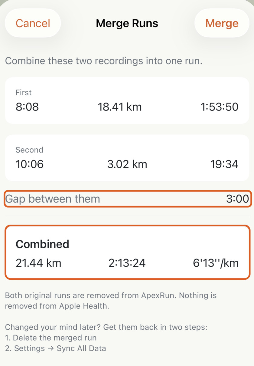 Apex Run merge confirmation sheet showing both source runs, the three-minute gap between them, and the combined result