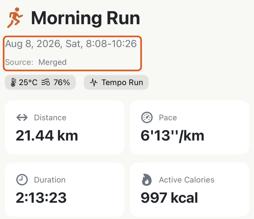 The merged run in Apex Run showing 21.44 km over 2:13:23 and Source: Merged