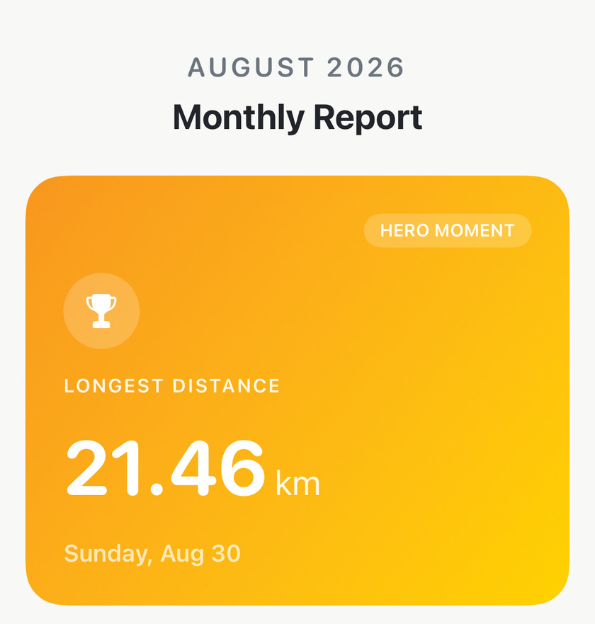 August 2026 Monthly Report showing a Hero Moment card: longest distance 21.46 km on Sunday, Aug 30