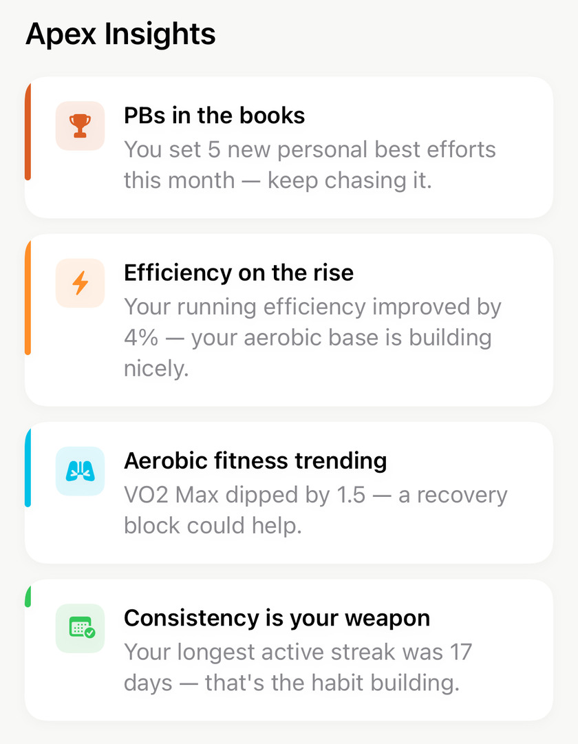 Apex Insights showing four cards: PBs in the books, Efficiency on the rise, Aerobic fitness trending, Consistency is your weapon