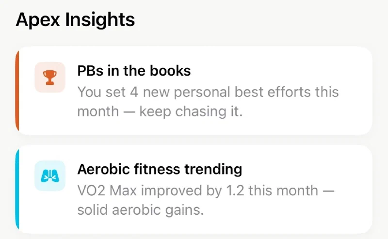 Apex Run monthly running report summary with monthly mileage, average pace trends, and Zone 2 ratio