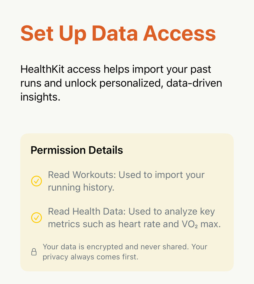 Apex Run's Set Up Data Access screen listing Read Workouts and Read Health Data, with a privacy note beneath