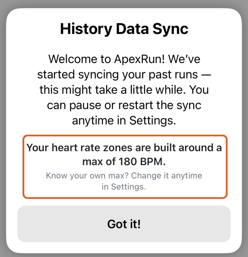 History Data Sync dialog saying the sync has started, with a line reading: your heart rate zones are built around a max of 180 BPM