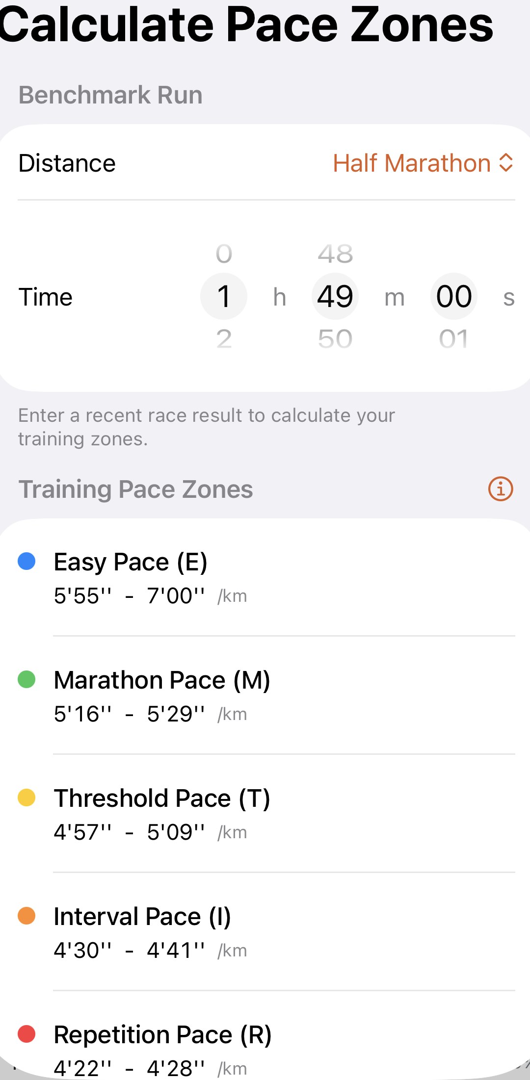 Apex Run's Calculate Pace Zones screen: Distance set to Half Marathon, a time wheel at 1 h 49 m 00 s, and five zones underneath, each with a pace range per km