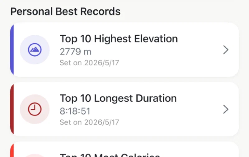 Apex Run Personal Records screen displaying all-time best efforts for 5K, 10K, Half Marathon, and Marathon