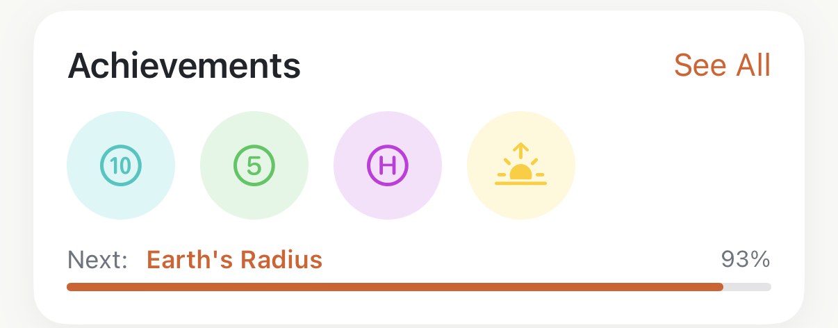 The Achievements card on Apex Run's Profile tab: four badge circles for 10K, 5K, Half Marathon and an early-morning sunrise, then a line reading Next: Earth's Radius 93% with a progress bar