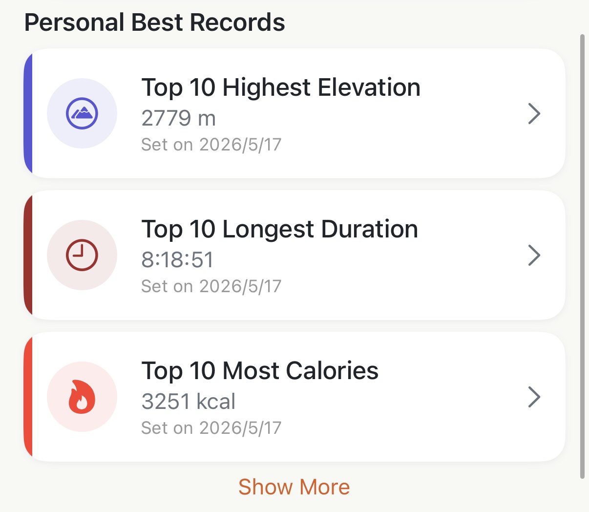 The Personal Best Records section on Apex Run's Profile tab: three cards reading Top 10 Highest Elevation 2779 m, Top 10 Longest Duration 8:18:51 and Top 10 Most Calories 3251 kcal, each with Set on 2026/5/17, and a Show More link beneath