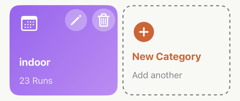 A custom Apex Run category card named indoor showing 23 runs with pencil and bin buttons, beside the dashed New Category card