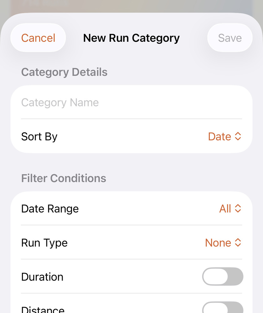 Apex Run New Run Category form with a Category Name field, a Sort By picker set to Date, and Filter Conditions for Date Range, Run Type, Duration, Distance, Elevation and Environment