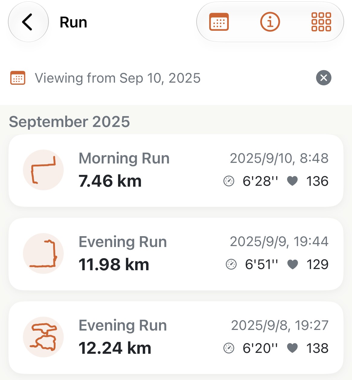 Apex Run's run list after a date jump: the calendar button orange in the top bar, a banner reading Viewing from Sep 10, 2025 with an X, then September 2025 runs starting with a 7.46 km Morning Run