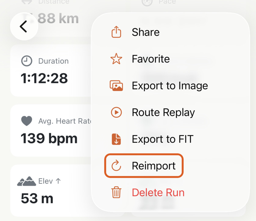 The Apex Run run menu open, listing Share, Favorite, Export to Image, Route Replay, Export to FIT, Reimport and Delete Run