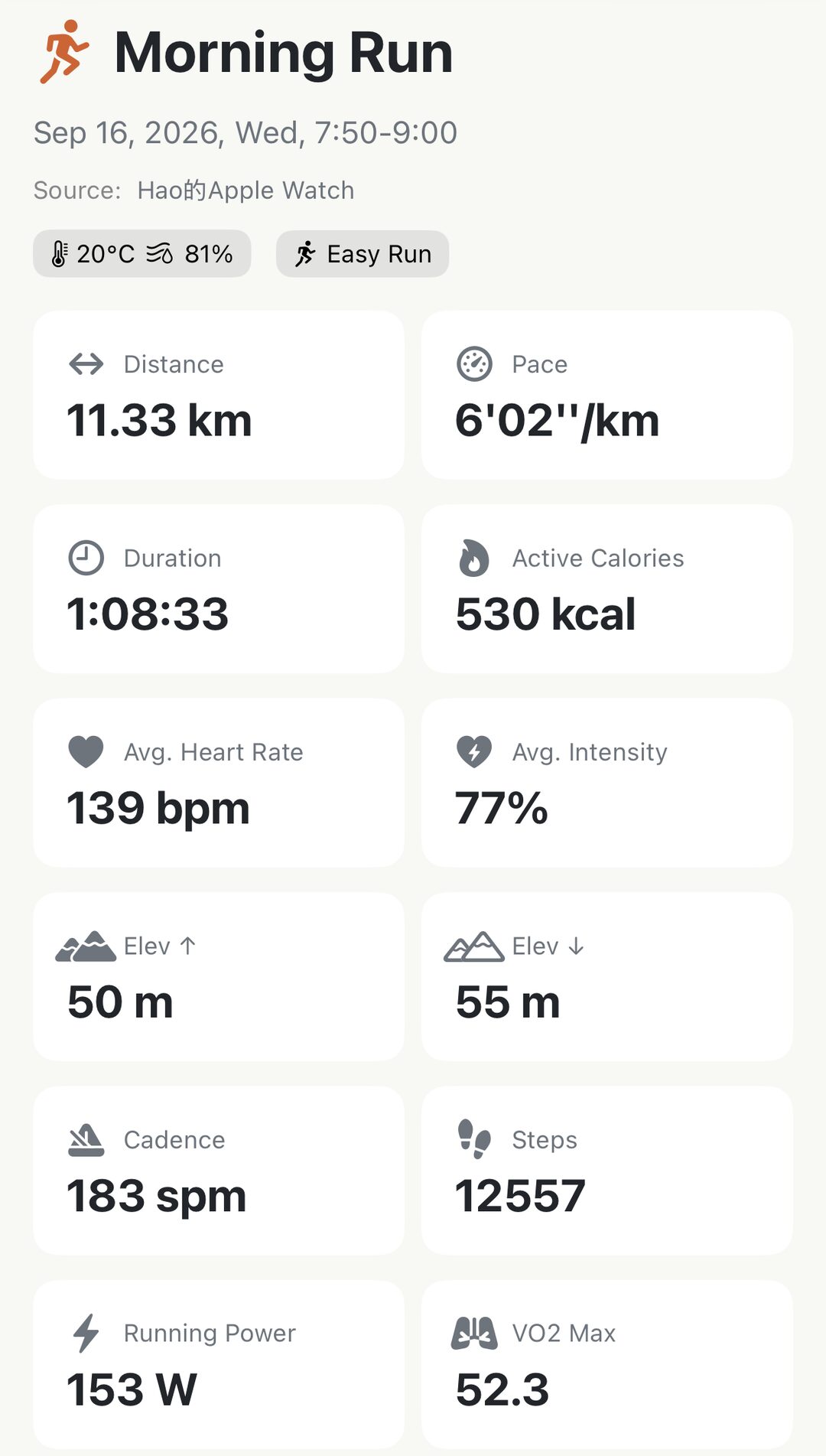 The top of a run in Apex Run: the run name, date and time, a Source line naming the watch that recorded it, a weather chip and an Easy Run chip, then twelve metric cards in two columns — Distance, Pace, Duration, Active Calories, Avg. Heart Rate, Avg. Intensity, Elev up, Elev down, Cadence, Steps, Running Power and VO2 Max