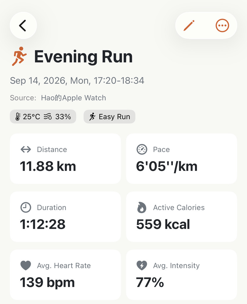 An Apex Run run detail screen for an 11.88 km Evening Run recorded by an Apple Watch, with no map above the title and all its other metrics present
