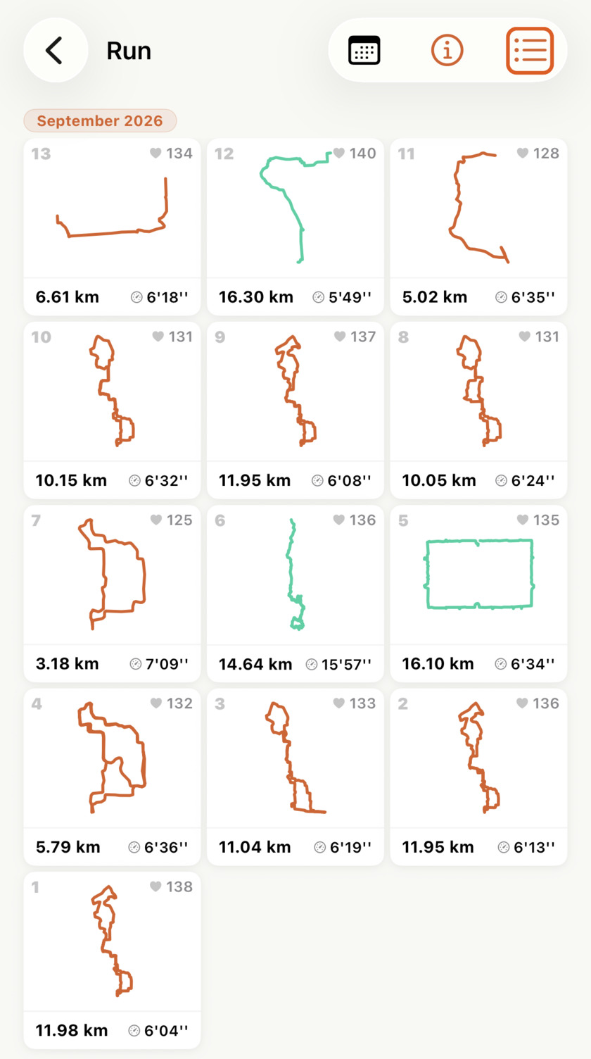Apex Run's grid view showing thirteen September runs as GPS route shapes, three per row