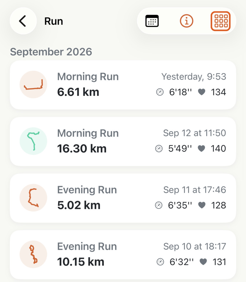 Apex Run's run list in September 2026, four runs shown with distance, pace and average heart rate