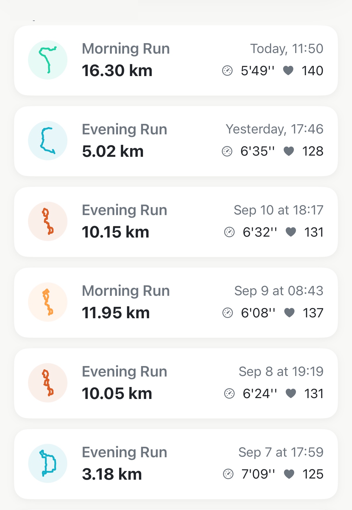 Apex Run run list where each route thumbnail is drawn in its run type's colour