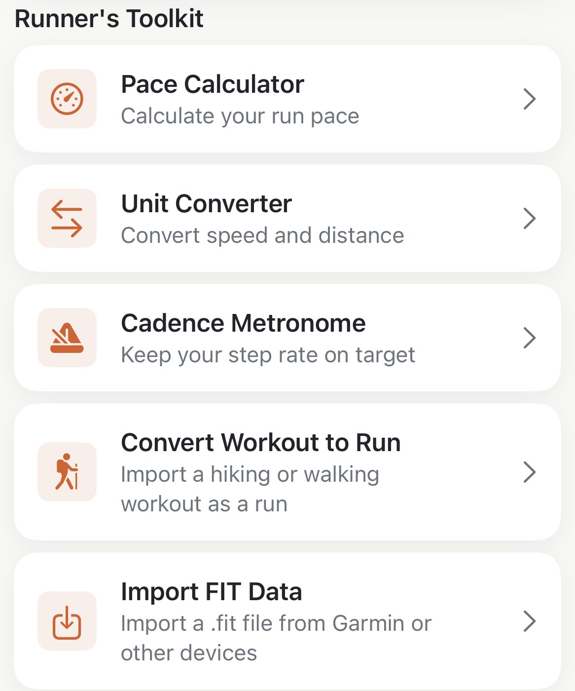 The Runner's Toolkit section on Apex Run's Profile tab: Pace Calculator, Unit Converter, Cadence Metronome, Convert Workout to Run, and Import FIT Data