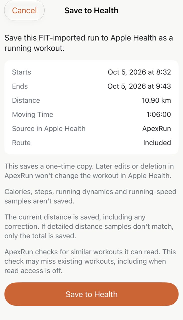 Save to Health confirmation in Apex Run, showing the run's start and end, distance, moving time, ApexRun as the Health source, and an included route