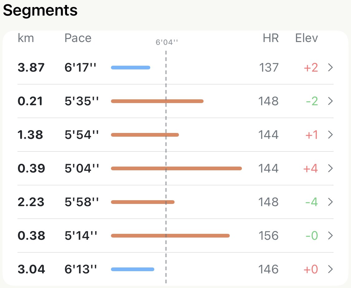 Segments table with seven rows: 3.87 km at 6'17'', then short pick-ups of 0.21, 0.39 and 0.38 km at 5'35'', 5'04'' and 5'14'' between longer steadier stretches, each with heart rate and a signed elevation figure