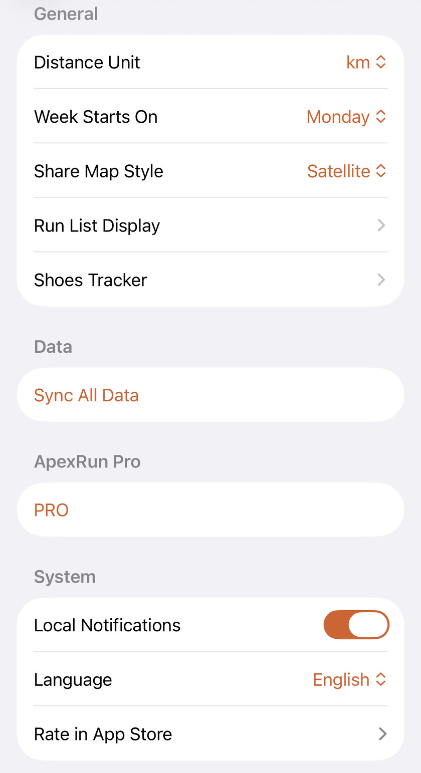 Apex Run's Settings screen showing the General, Data, ApexRun Pro and System sections