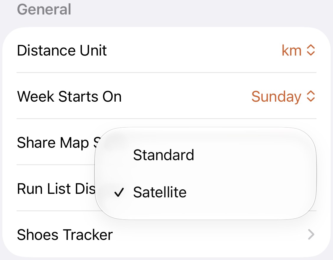 Apex Run's General settings with the Share Map Style picker open, Satellite ticked