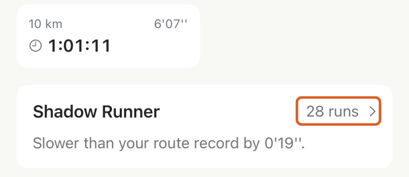 Apex Run Shadow Runner card reading 28 runs and slower than your route record by nineteen seconds