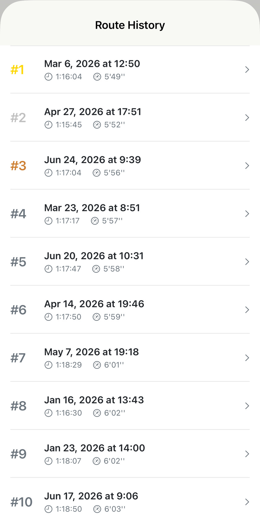 Apex Run Route History screen ranking ten runs on the same route by average pace, with gold, silver and bronze placings