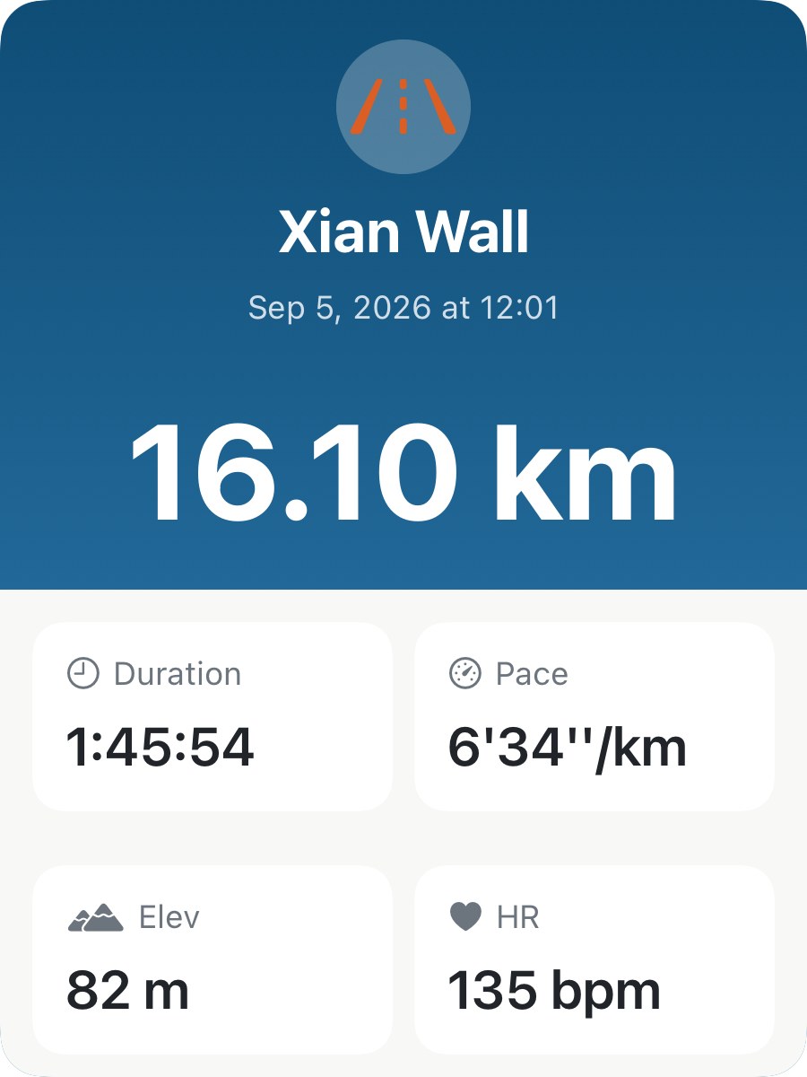 Share card with a blue gradient header, a road icon, the run name Xian Wall, 16.10 km in large type, and four boxes: Duration 1:45:54, Pace 6'34''/km, Elev 82 m, HR 135 bpm