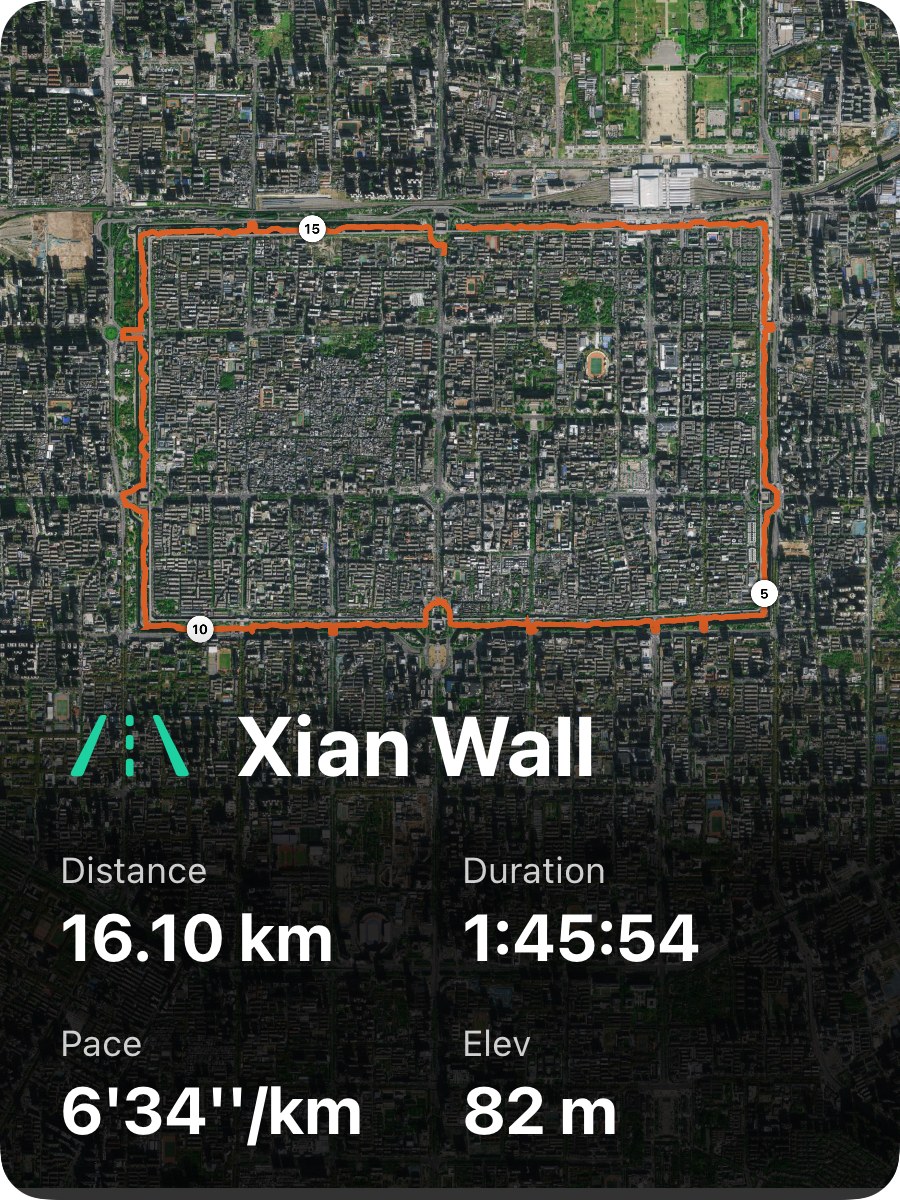 Share card filled edge to edge with the satellite map, a dark gradient at the bottom carrying the run name and Distance, Duration, Pace and Elev