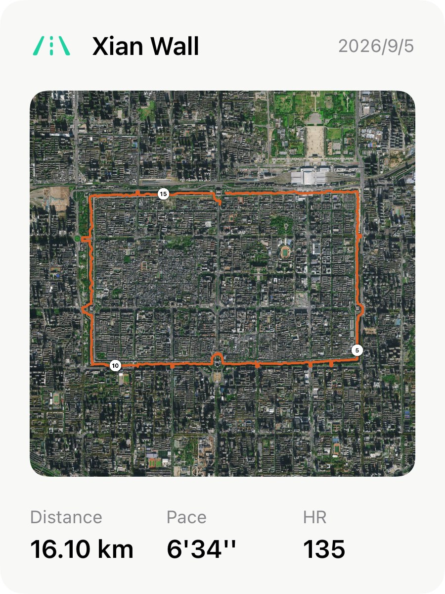 White share card with a satellite map of the rectangular city wall route in a rounded frame, with Distance 16.10 km, Pace 6'34'' and HR 135 underneath